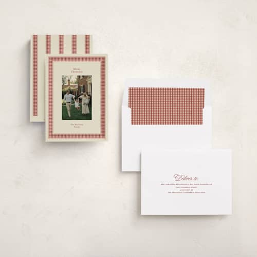 This is a cranberry holiday photo cards with standard by Ellen Schlegelmilch called gingham ribbon printing on recycled smooth signature in standard