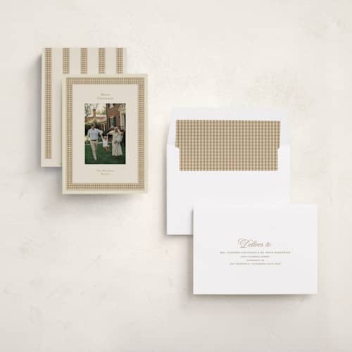 This is a champagne holiday photo cards with standard by Ellen Schlegelmilch called gingham ribbon printing on recycled smooth signature in standard
