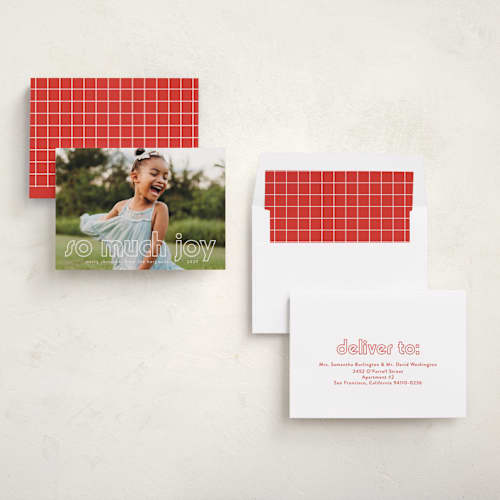 This is a snow holiday photo cards with standard by Annie Holmquist called much joy printing on recycled smooth signature in standard