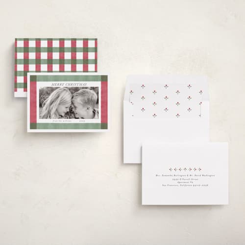 This is a crimson green holiday photo cards with standard by Chris Griffith called holiday rainbow printing on recycled smooth signature in standard