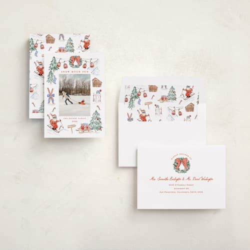 This is a santa suit holiday photo cards with standard by Sarah Knight called snow much fun printing on recycled smooth signature in standard