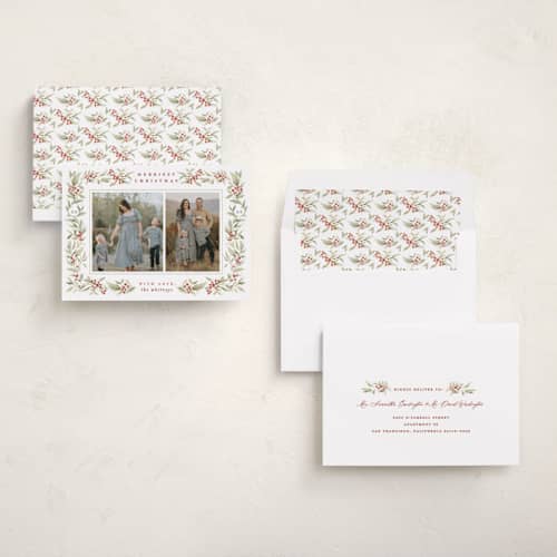 This is a rustic holiday photo cards with standard by Makewells called botanica printing on recycled smooth signature in standard