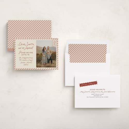 This is a toffee holiday photo cards with standard by Rebecca Dymon called dear santa, we've moved! printing on recycled smooth signature in standard