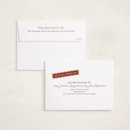 This is a toffee holiday photo cards with standard by Rebecca Dymon called dear santa, we've moved! printing on recycled smooth signature in standard