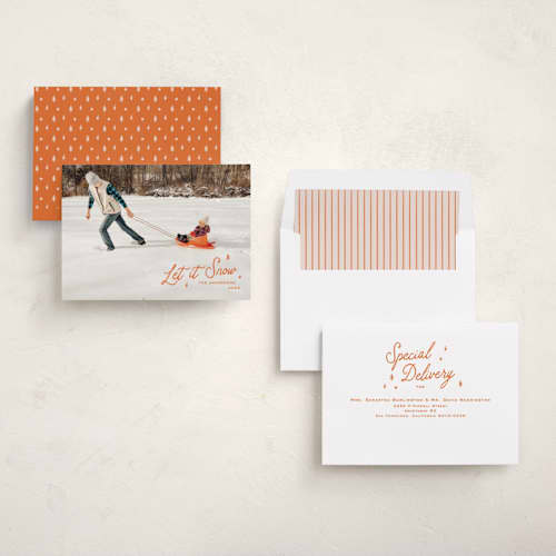 This is a pumpkin holiday photo cards with standard by Claudia Orengo called ski printing on recycled smooth signature in standard