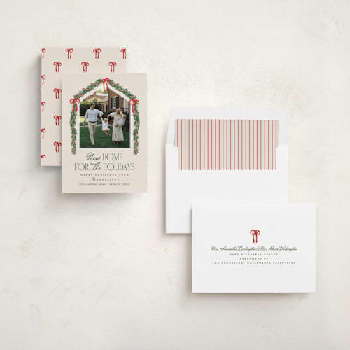 This is a ivory holiday photo cards with standard by Julie Murray called happy new home printing on recycled smooth signature in standard