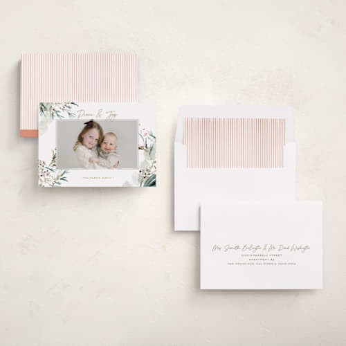 This is a sage holiday photo cards with standard by Eve Schultz called tossed printing on recycled smooth signature in standard