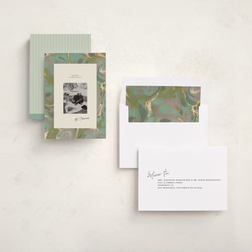 This is a sage holiday photo cards with standard by Leia Matt called marbled editorial printing on recycled smooth signature in standard