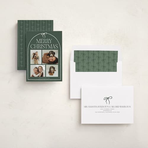 This is a forest holiday photo cards with standard by Vivian Yiwing called frame bow printing on recycled smooth signature in standard