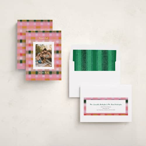 This is a fruitcake holiday photo cards with standard by Carrie Moradi called festive checked plaid printing on recycled smooth signature in standard