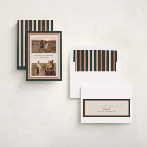 This is a pine holiday photo cards with standard by Kate Ahn called timeless stripe printing on recycled smooth signature in standard