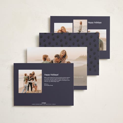 This is a navy holiday photo cards with standard by Ani Somi called big bold type printing on recycled smooth signature in standard