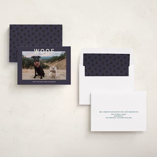 This is a navy holiday photo cards with standard by Ani Somi called big bold type printing on recycled smooth signature in standard