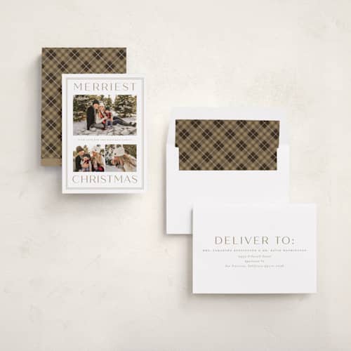 This is a champagne holiday photo cards with standard by Sarah Brown called just the merriest printing on recycled smooth signature in standard