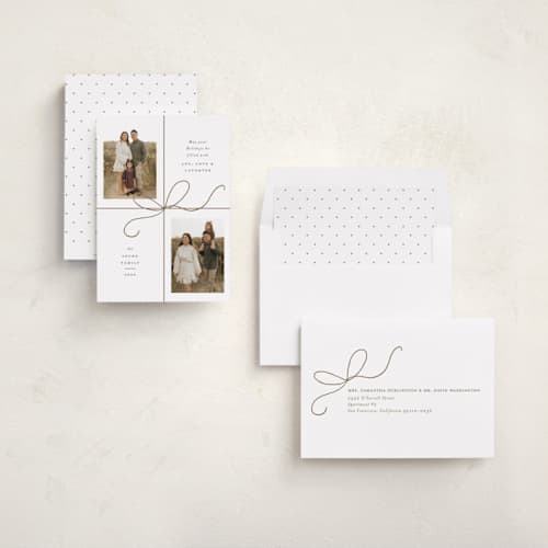 This is a snow holiday photo cards with standard by Emily Betts called bow two printing on recycled smooth signature in standard