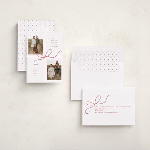 This is a peppermint holiday photo cards with standard by Emily Betts called bow two printing on recycled smooth signature in standard