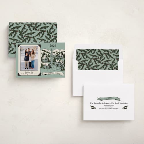 This is a mint holiday photo cards with standard by Wendy Taylor called snow village printing on recycled smooth signature in standard