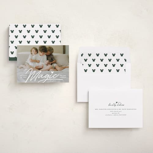 This is a snow holiday photo cards with standard by Carrie ONeal called disney's mickey magical season printing on recycled smooth signature in standard