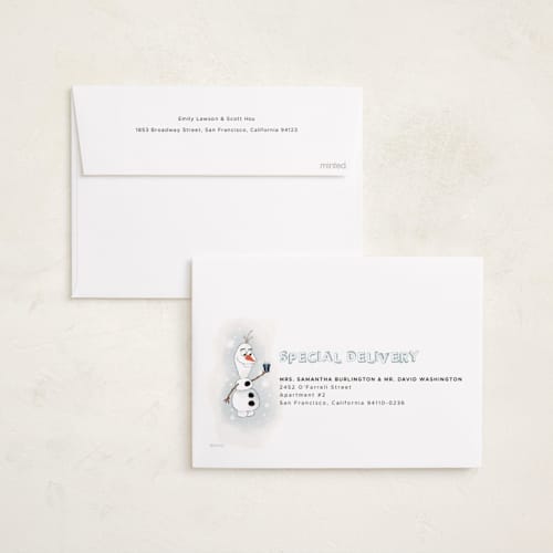This is a ice holiday photo cards with standard by Orasie called disney's frozen olaf holiday fun printing on recycled smooth signature in standard