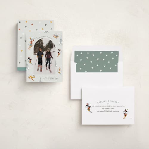 This is a ice holiday photo cards with standard by Kelsey Mucci called disney's mickey and friends tis the ski-son printing on recycled smooth signature in standard