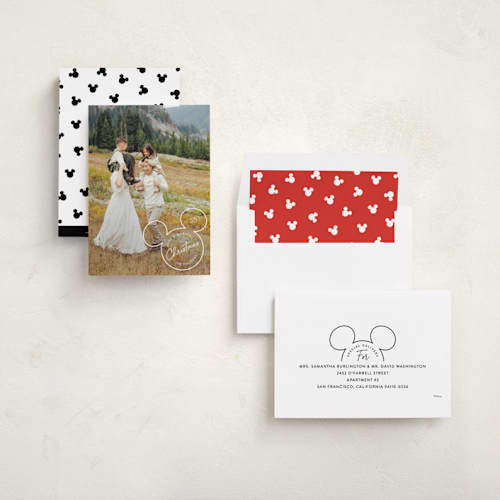 This is a snow holiday photo cards with standard by Hooray Creative called disney's mickey outline printing on recycled smooth signature in standard