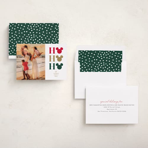 This is a mistletoe holiday photo cards with standard by Vanessa Doyle called disney ho ho ho printing on recycled smooth signature in standard