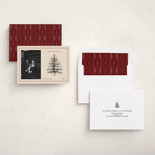 This is a maroon holiday photo cards with standard by Rina Ozum called vintage christmas printing on recycled smooth signature in standard