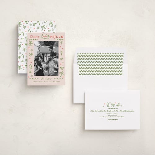 This is a pine holiday photo cards with standard by Alethea and Ruth called decking new halls drawing printing on recycled smooth signature in standard