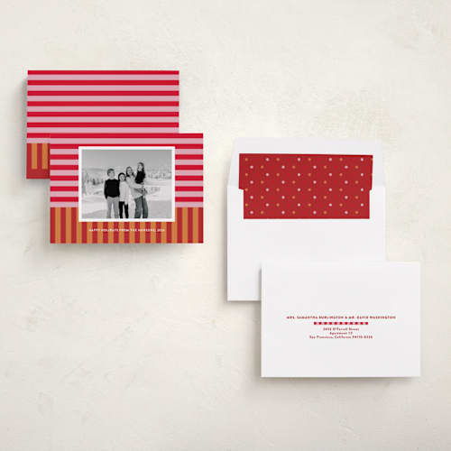 This is a nutmeg holiday photo cards with standard by Shari Margolin called festive stripes printing on recycled smooth signature in standard