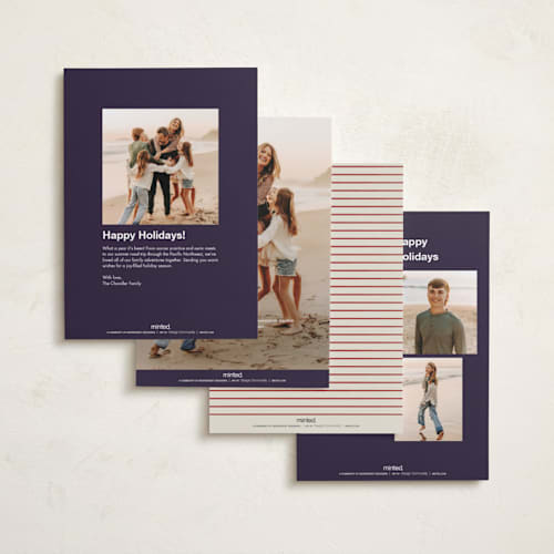 This is a navy holiday photo cards with standard by Ani Somi called masthead printing on recycled smooth signature in standard