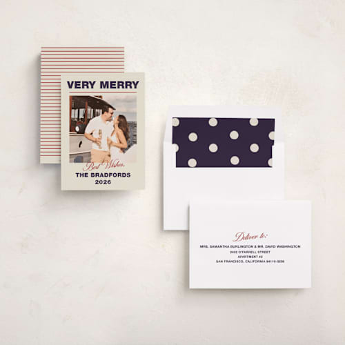 This is a navy holiday photo cards with standard by Ani Somi called masthead printing on recycled smooth signature in standard