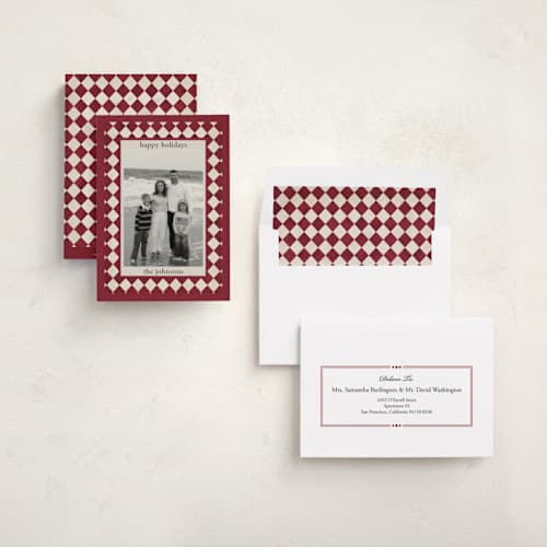 This is a burgundy holiday photo cards with standard by Angel Walker called marble diamond printing on recycled smooth signature in standard