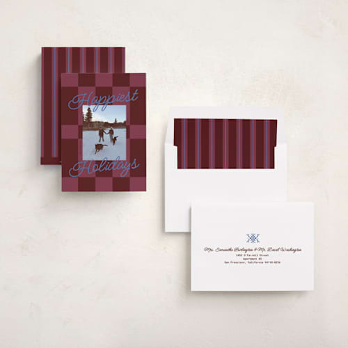 This is a burgundy holiday photo cards with standard by Inkblot Design called cozy checkers printing on recycled smooth signature in standard