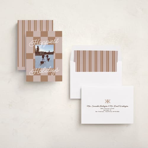 This is a nude holiday photo cards with standard by Inkblot Design called cozy checkers printing on recycled smooth signature in standard