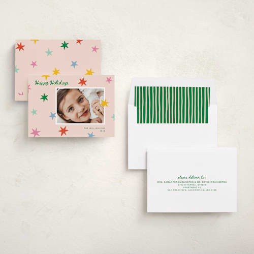 This is a pink sky holiday photo cards with standard by Kristen Magee called star pop printing on recycled smooth signature in standard