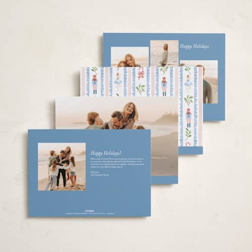 This is a blue spruce holiday photo cards with standard by Sarah Knight called nutcracker pattern printing on recycled smooth signature in standard
