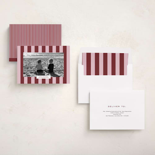 This is a berry holiday photo cards with standard by Angela Thompson called gallery stripe printing on recycled smooth signature in standard