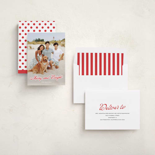 This is a cranberry holiday photo cards with standard by Sara Hicks Malone called b r i g h t printing on recycled smooth signature in standard