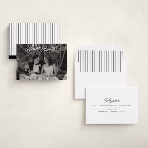 This is a snow holiday photo cards with standard by JoAnn Jinks called heirloom script printing on recycled smooth signature in standard