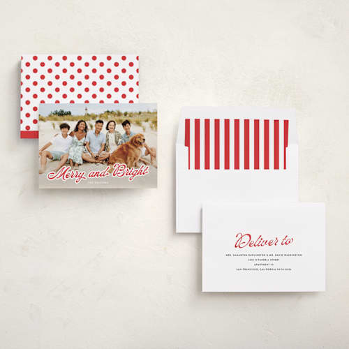 This is a cranberry holiday photo cards with standard by Sara Hicks Malone called b r i g h t printing on recycled smooth signature in standard