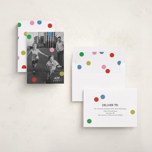This is a gumdrop holiday photo cards with standard by Morgan Kendall called joie de vivre printing on recycled smooth signature in standard