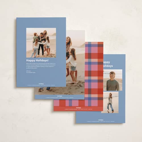 This is a cornflower holiday photo cards with standard by Carrie Moradi called chalet trim printing on recycled smooth signature in standard