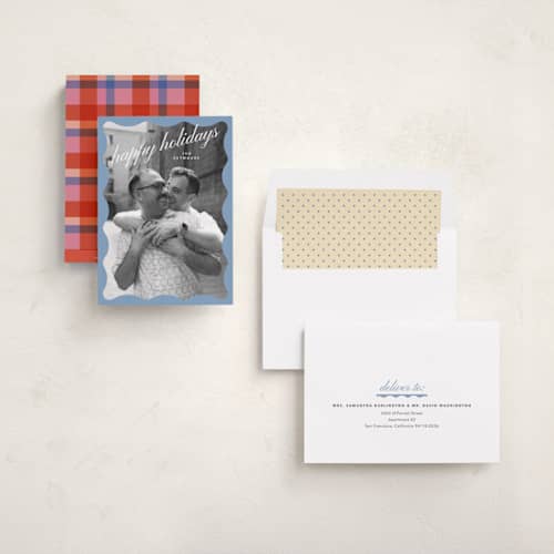This is a cornflower holiday photo cards with standard by Carrie Moradi called chalet trim printing on recycled smooth signature in standard