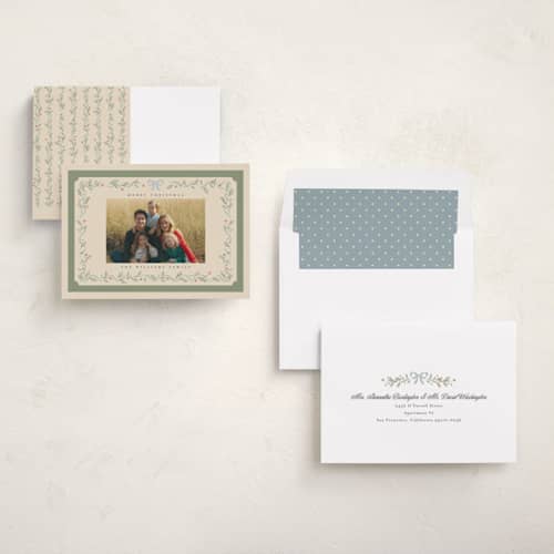 This is a mistletoe holiday photo cards with standard by Robert and Stella called christmas greenery printing on recycled smooth signature in standard