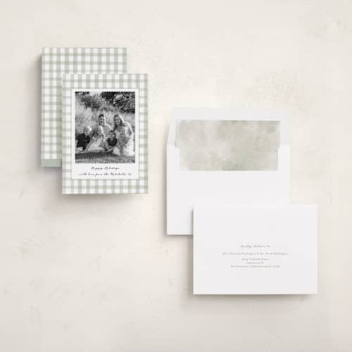 This is a spearmint holiday photo cards with standard by Emily Betts called scallop matted photo printing on recycled smooth signature in standard
