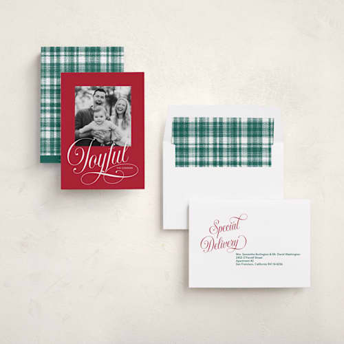 This is a cranberry holiday photo cards with standard by Stacey Day called joyful beauty printing on recycled smooth signature in standard