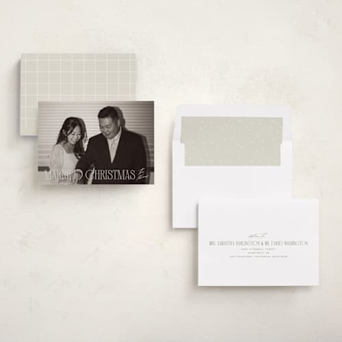 This is a champagne holiday photo cards with standard by Ellen Schlegelmilch called serif married christmas printing on recycled smooth signature in standard