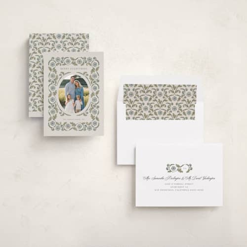 This is a cottage blue holiday photo cards with standard by Jen Owens called heritage wrap printing on recycled smooth signature in standard