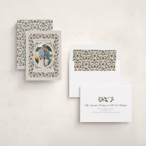 This is a maroon holiday photo cards with standard by Jen Owens called heritage wrap printing on recycled smooth signature in standard