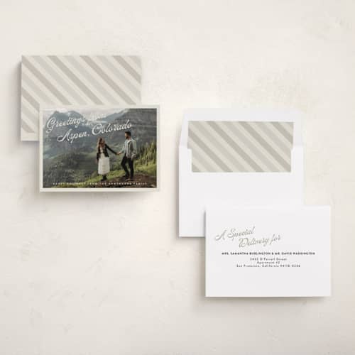 This is a eggnog holiday photo cards with standard by Randi Cirelli called globetrotting greetings printing on recycled smooth signature in standard